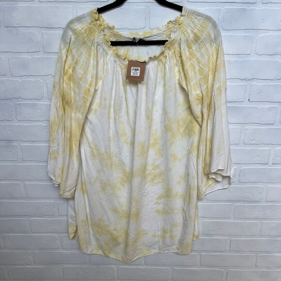 Earthbound NWT Women's Shoulder Tunic Dress Yellow Tie Die Bell Sleeves -sz S - Picture 5 of 8